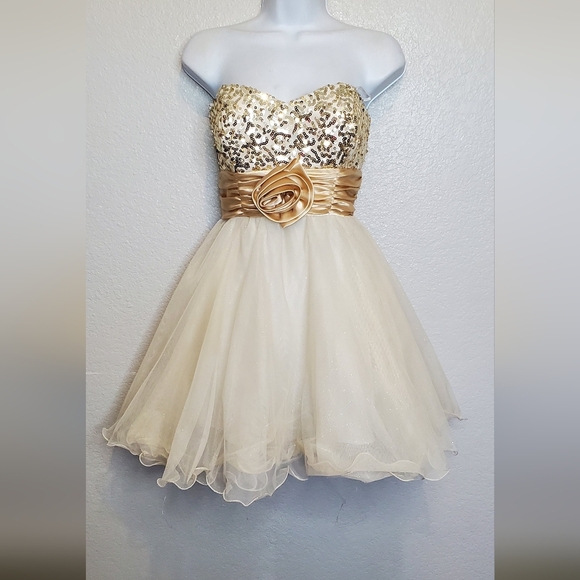 Champagne Gold Satin Sequin Tulle Strapless Mini Cocktail Party Dress Size 6/7 - Picture 1 of 9